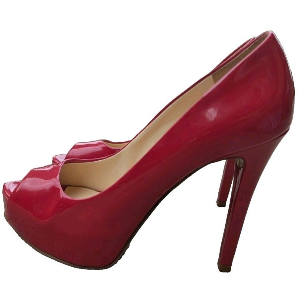 Guess Red Patent  Leather Platform Wedge Stiletto Heels Size 6 Peep Toe Slip On